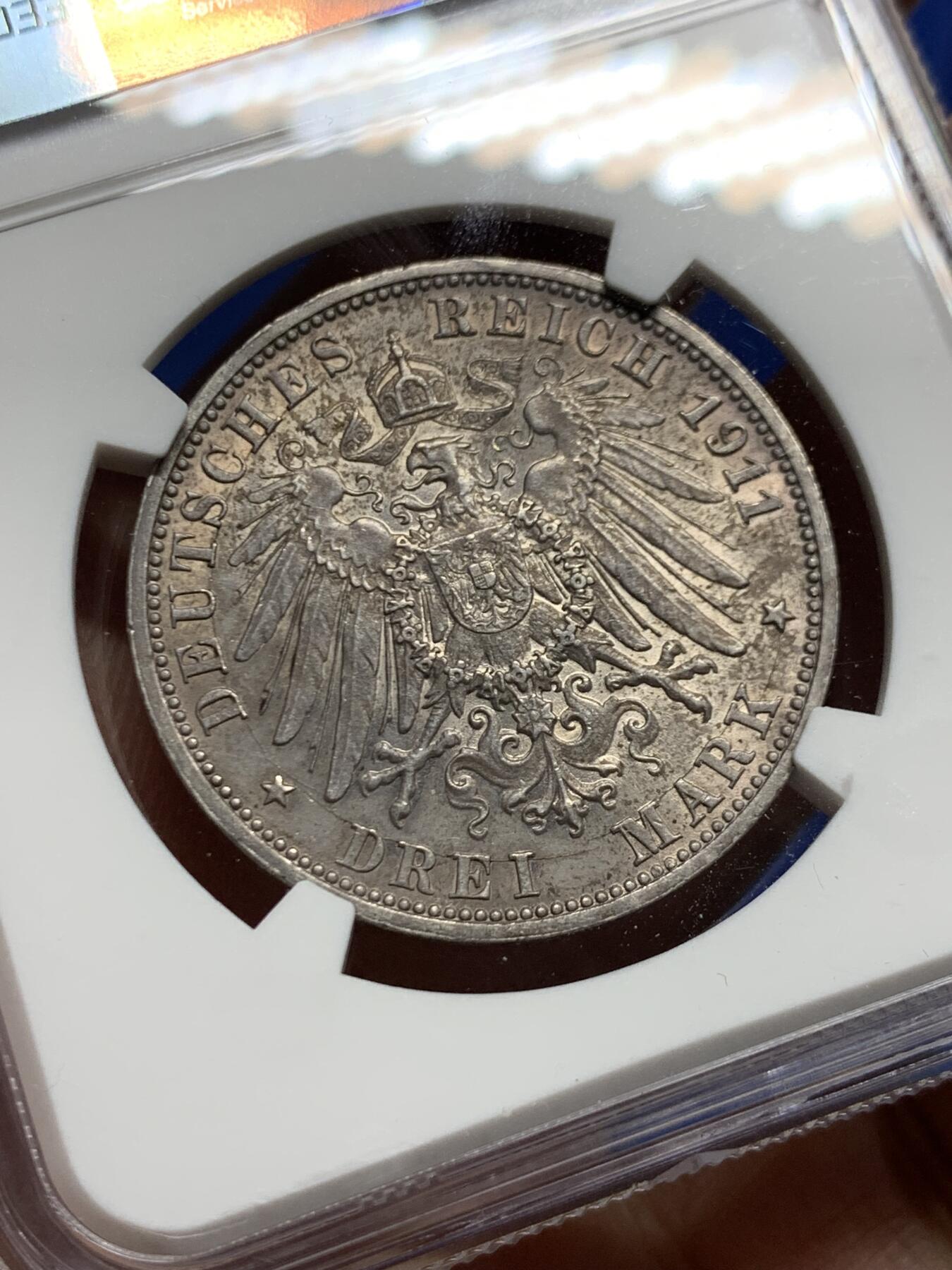 《竞宝斋》第457场 周日，周一，周二   3场连拍 （全场包邮）欢迎送拍 NGC MS63 德国1911年符腾堡金婚3马克银币