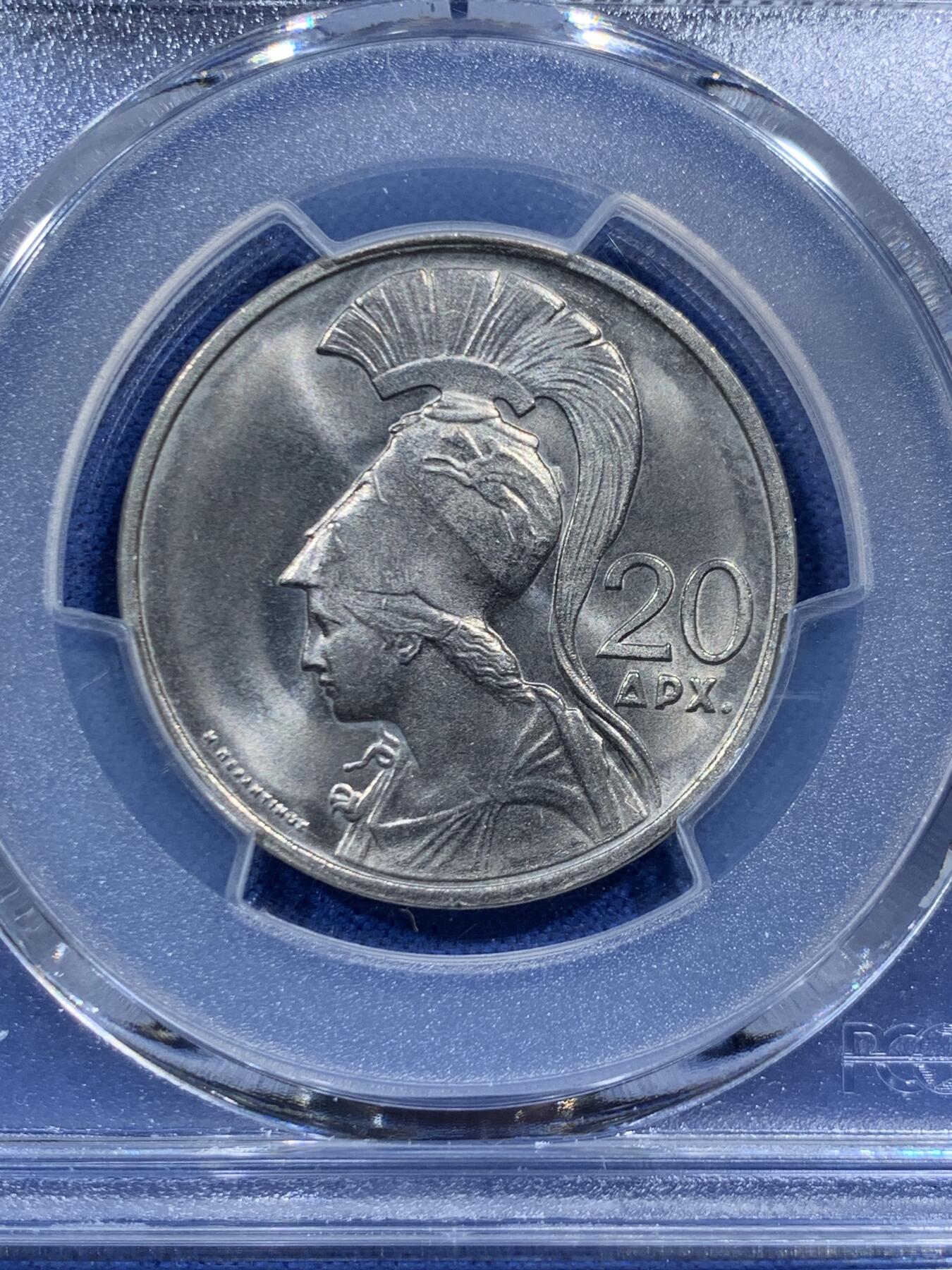 《竞宝斋》第457场 周日，周一，周二   3场连拍 （全场包邮）欢迎送拍 PCGS MS67 希腊1973年20德拉克马 车轮光状态漂亮 戎装女神！