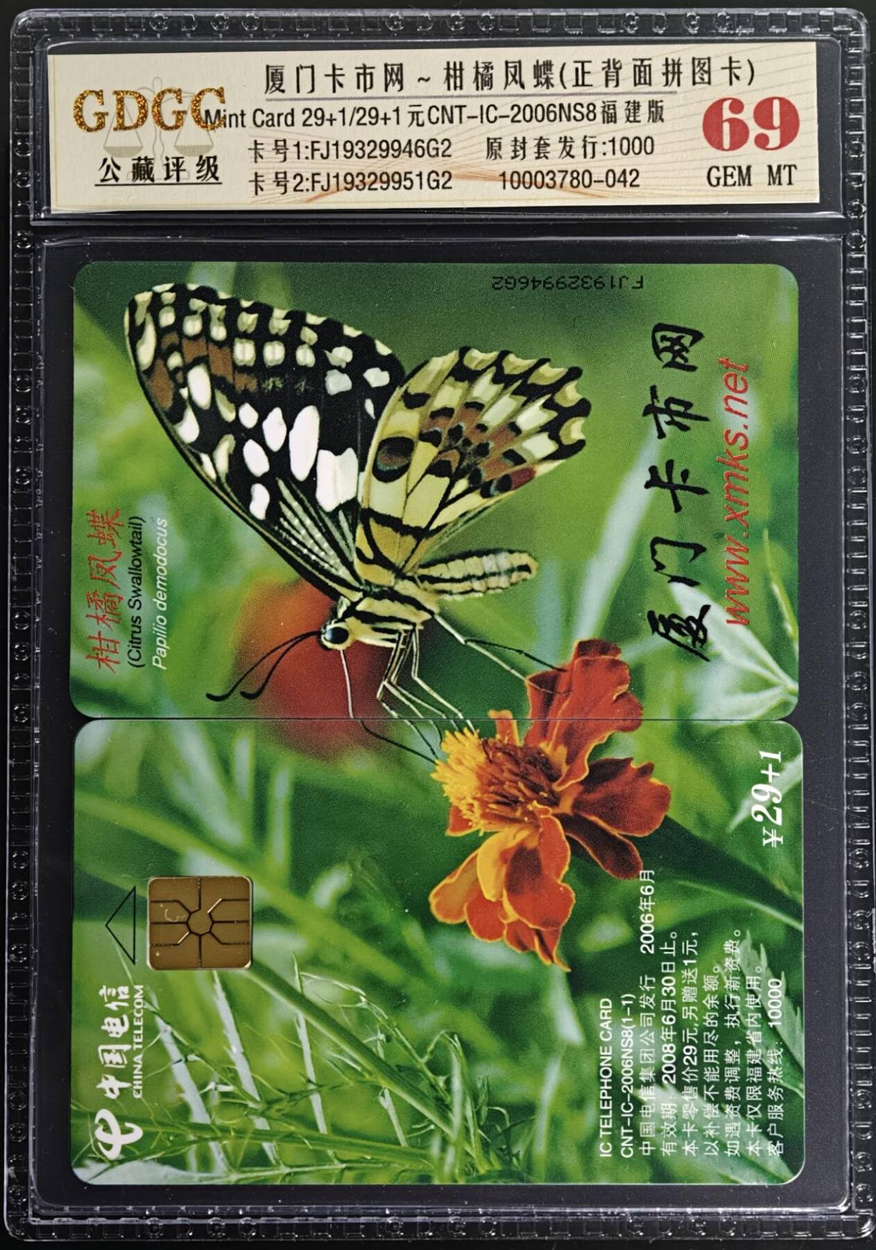 公藏第129期评级卡拍卖 电信IC卡（IC-2006NS8  厦门卡市网）一全福建版，公藏2枚无封套拼图封装68分，公藏评级专业有卡号及防伪标。