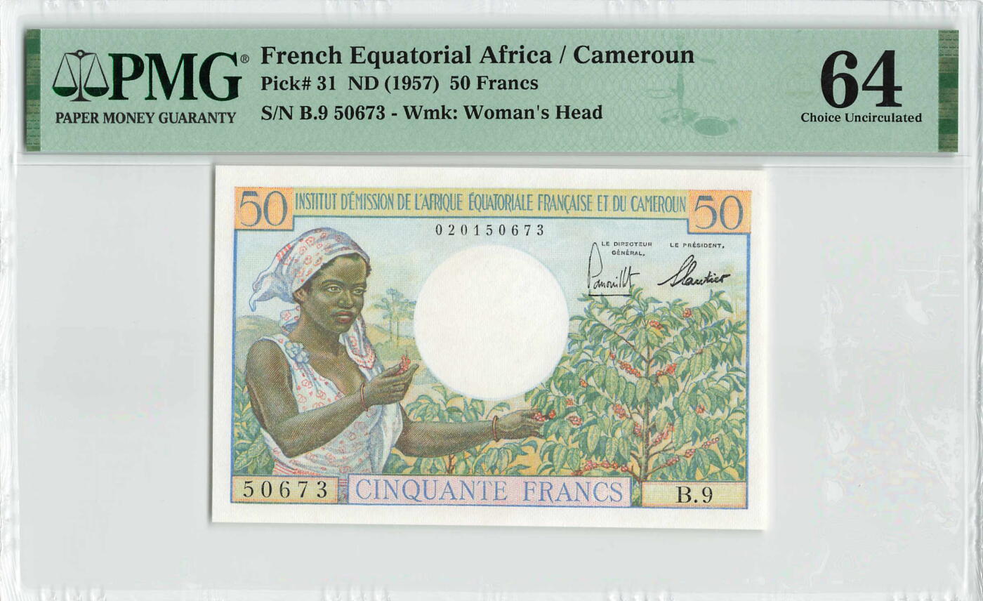 小福收藏拍卖第200期 【庆典场 中拍就有好礼相赠】评级币精选场 本期有捷克斯洛伐克20年100克朗慕夏作品大珍 69分倒置百位号布隆迪世界最大纸币  35年版加拿大经典 苏格兰格拉斯哥大学500年纪念钞倒置小号 卡塔尔80年100里亚尔冠军分 美国教育券 意大利拉斐尔 乌克兰 库克群岛 墨西哥 南斯拉夫 亚美尼亚等多国精美高分珍稀老钞精品纸币 法属赤道非洲 喀麦隆 1957年 50法郎 经典运木头 PMG64