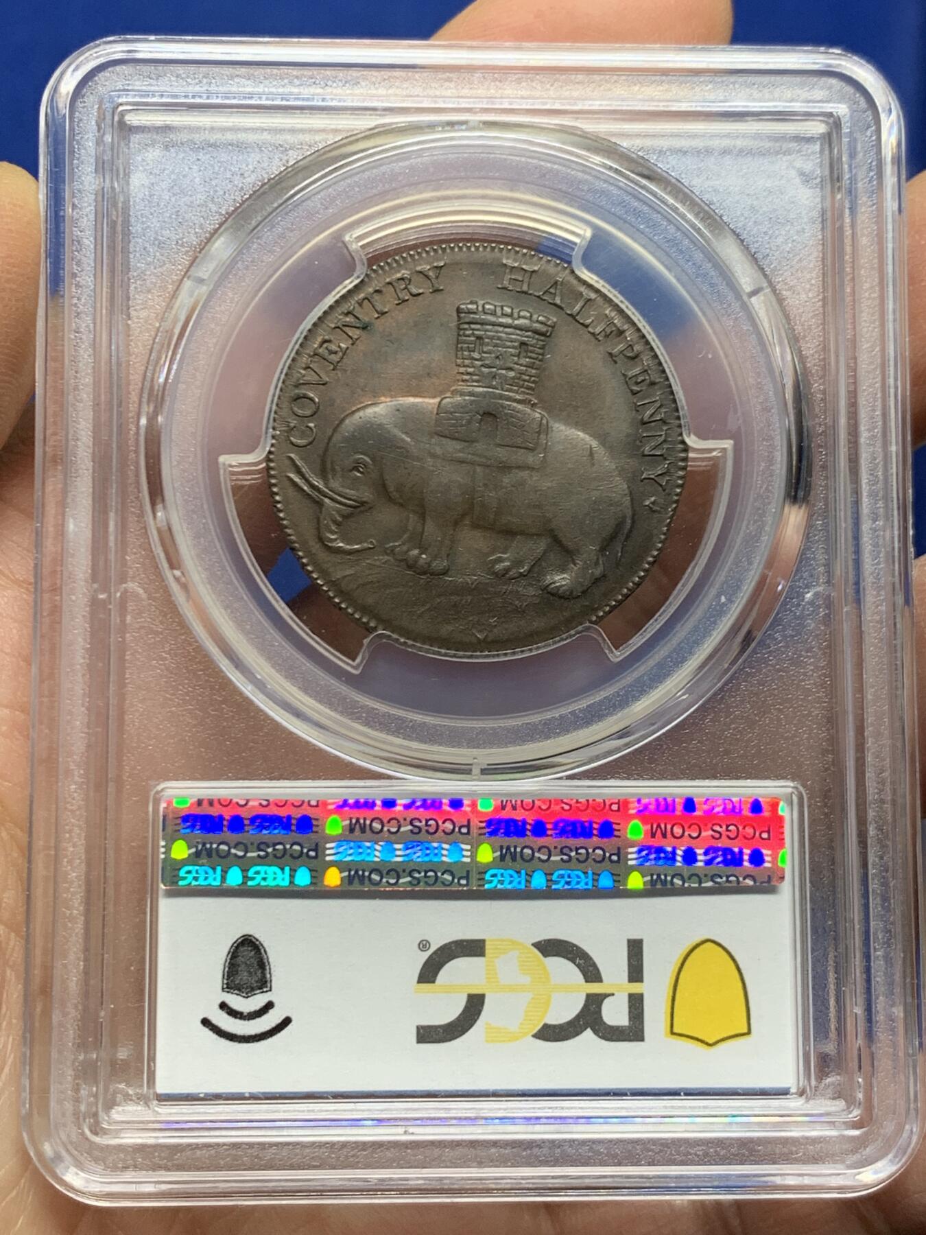 《竞宝斋》第457场 周日，周一，周二   3场连拍 （全场包邮）欢迎送拍 PCGS MS63BN 英国1792 考文垂1/2 便士（象版） ，Token名誉品