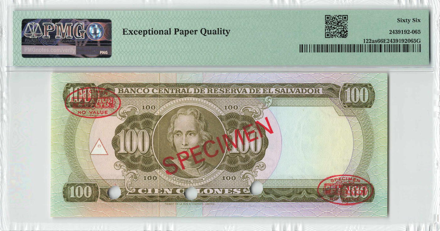 小福收藏拍卖第198期 评级币精选场  本期有菲律宾百位靓号100000比索超大纪念钞 苏里南25000盾花鸟版最高值 柬埔寨珍品56年50瑞尔 南越未发行版最高值打飞机  巴哈马彩背 老挝中国代印57年样钞 匈牙利 斯洛伐克 法罗群岛等多国精美高分珍稀老钞精品纸币 萨尔瓦多 1974年 100科朗 非常罕见 样钞 首年份 088号 PMG66 EPQ 亚军分