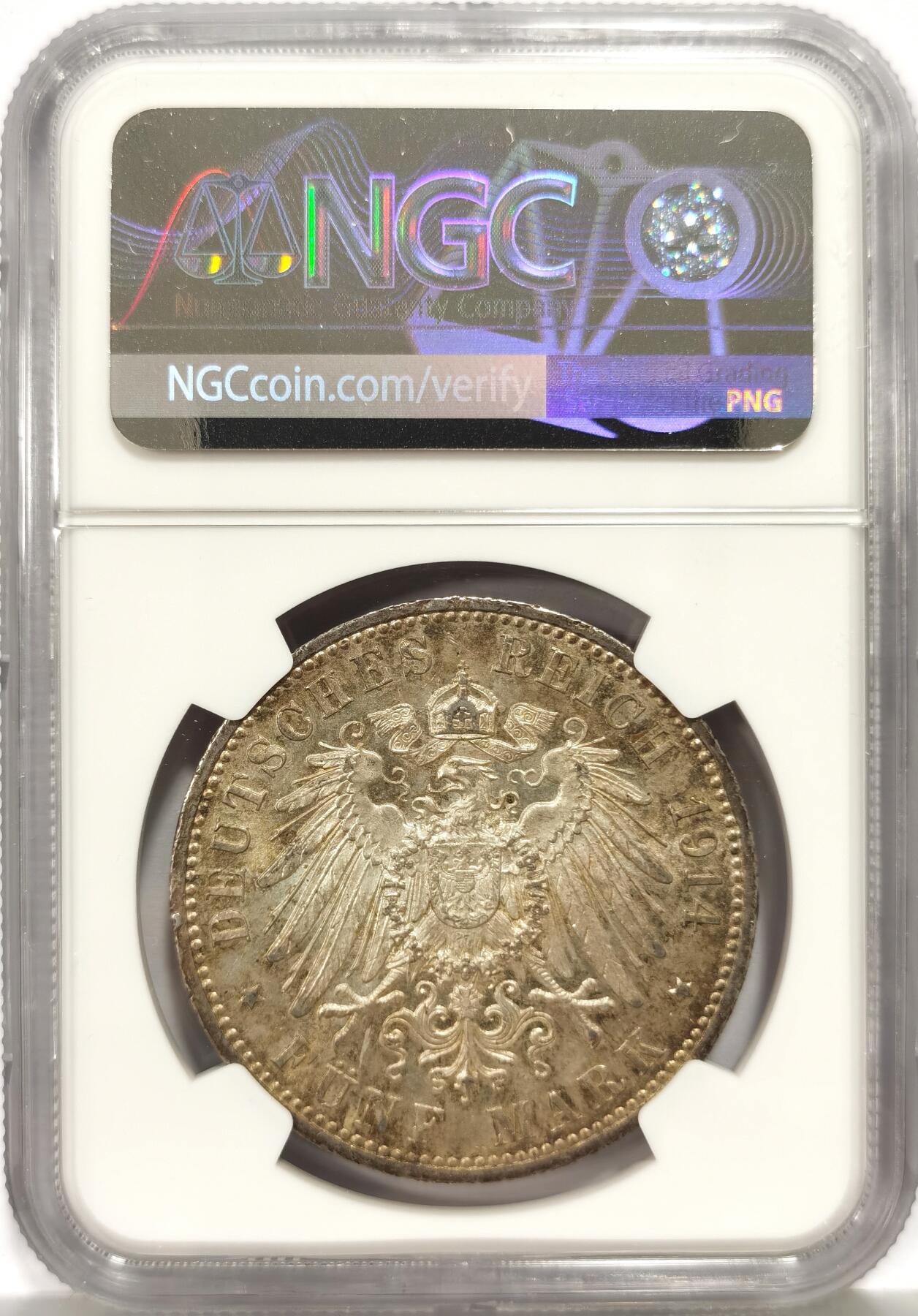 博洋堂世界钱币拍卖第157期（全场包邮） NGC MS62 德国普鲁士1914年威廉二世军装5马克银币