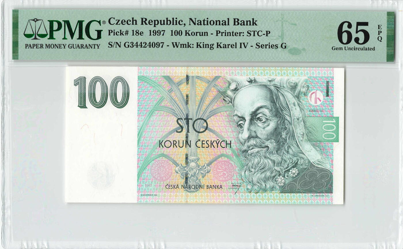 小福收藏拍卖第200期 【庆典场 中拍就有好礼相赠】评级币精选场 本期有捷克斯洛伐克20年100克朗慕夏作品大珍 69分倒置百位号布隆迪世界最大纸币  35年版加拿大经典 苏格兰格拉斯哥大学500年纪念钞倒置小号 卡塔尔80年100里亚尔冠军分 美国教育券 意大利拉斐尔 乌克兰 库克群岛 墨西哥 南斯拉夫 亚美尼亚等多国精美高分珍稀老钞精品纸币 捷克 1997年 100克朗 早期年份 PMG65 EPQ 季军分