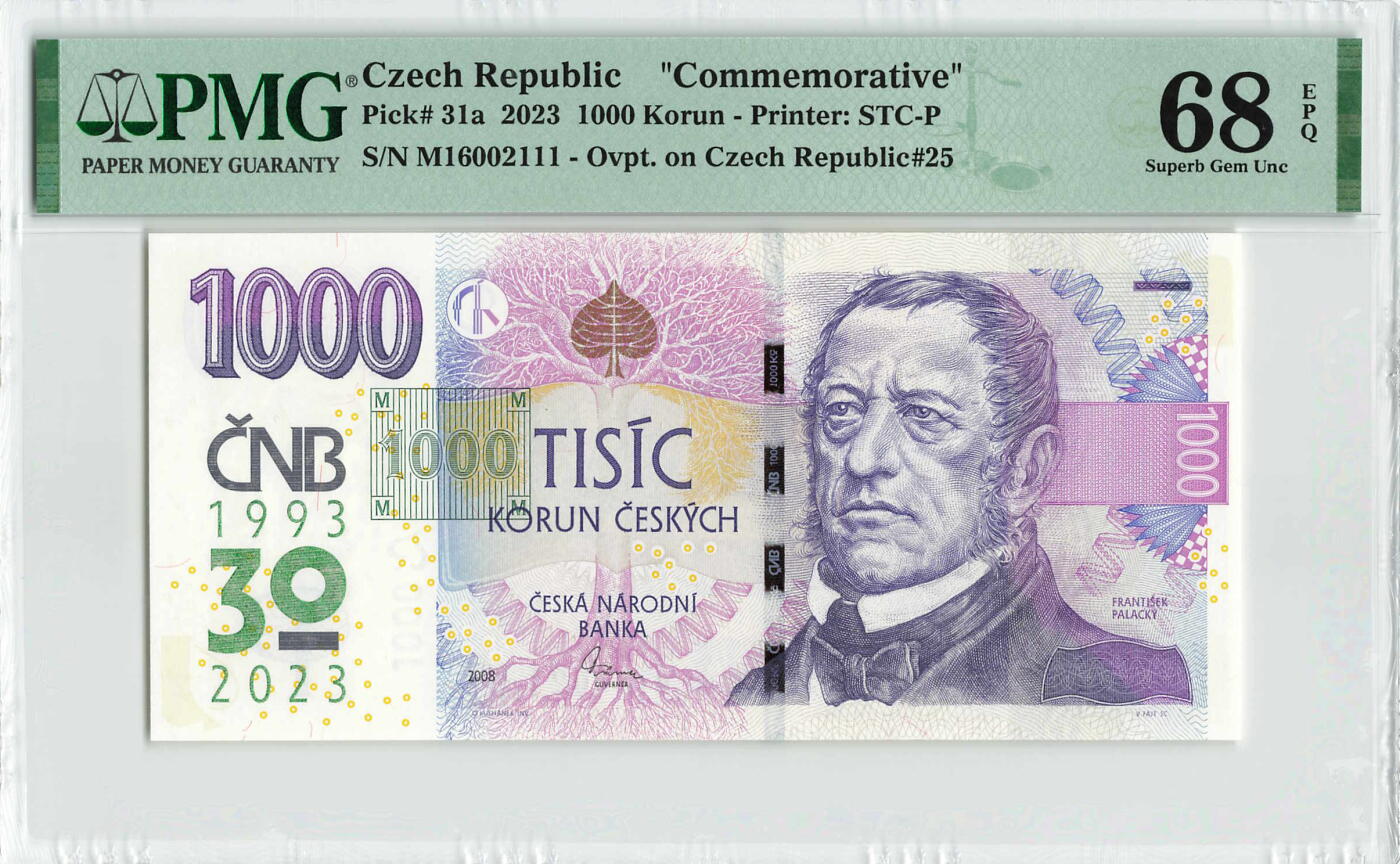 小福收藏拍卖第200期 【庆典场 中拍就有好礼相赠】评级币精选场 本期有捷克斯洛伐克20年100克朗慕夏作品大珍 69分倒置百位号布隆迪世界最大纸币  35年版加拿大经典 苏格兰格拉斯哥大学500年纪念钞倒置小号 卡塔尔80年100里亚尔冠军分 美国教育券 意大利拉斐尔 乌克兰 库克群岛 墨西哥 南斯拉夫 亚美尼亚等多国精美高分珍稀老钞精品纸币 捷克 2023年 1000克朗 纪念钞 无47 豹子号111 PMG68 EPQ 季军分