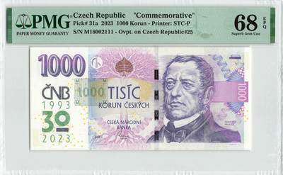 小福收藏拍卖第200期 【庆典场 中拍就有好礼相赠】评级币精选场 本期有捷克斯洛伐克20年100克朗慕夏作品大珍 69分倒置百位号布隆迪世界最大纸币  35年版加拿大经典 苏格兰格拉斯哥大学500年纪念钞倒置小号 卡塔尔80年100里亚尔冠军分 美国教育券 意大利拉斐尔 乌克兰 库克群岛 墨西哥 南斯拉夫 亚美尼亚等多国精美高分珍稀老钞精品纸币 - 捷克 2023年 1000克朗 纪念钞 无47 豹子号111 PMG68 EPQ 季军分