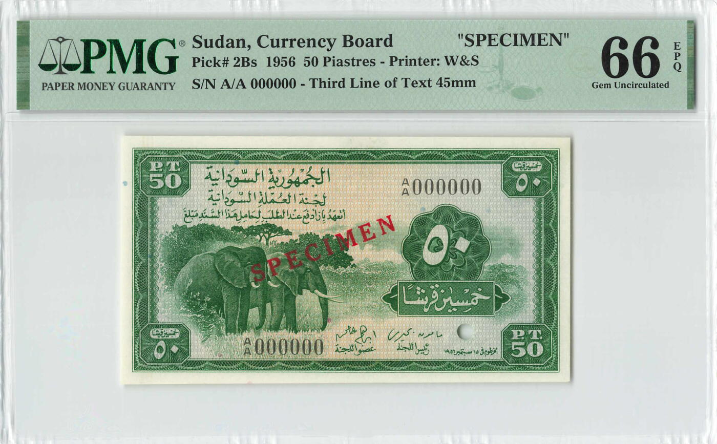 小福收藏拍卖第200期 【庆典场 中拍就有好礼相赠】评级币精选场 本期有捷克斯洛伐克20年100克朗慕夏作品大珍 69分倒置百位号布隆迪世界最大纸币  35年版加拿大经典 苏格兰格拉斯哥大学500年纪念钞倒置小号 卡塔尔80年100里亚尔冠军分 美国教育券 意大利拉斐尔 乌克兰 库克群岛 墨西哥 南斯拉夫 亚美尼亚等多国精美高分珍稀老钞精品纸币 苏丹 1956年 50皮阿斯特 样钞 A/A PMG66 EPQ 亚军分（冠军分仅1枚）