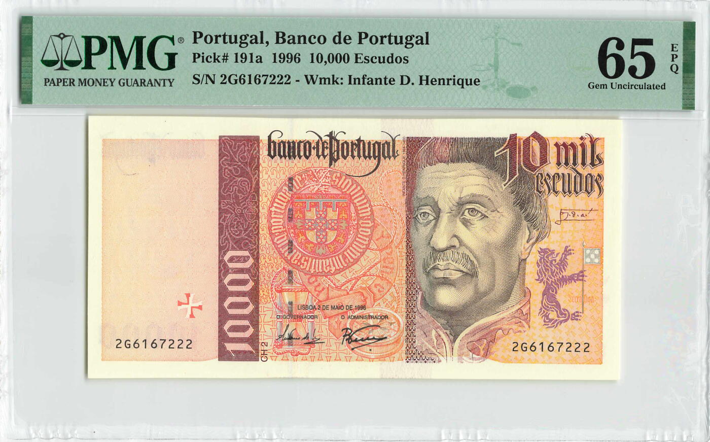 小福收藏拍卖第200期 【庆典场 中拍就有好礼相赠】评级币精选场 本期有捷克斯洛伐克20年100克朗慕夏作品大珍 69分倒置百位号布隆迪世界最大纸币  35年版加拿大经典 苏格兰格拉斯哥大学500年纪念钞倒置小号 卡塔尔80年100里亚尔冠军分 美国教育券 意大利拉斐尔 乌克兰 库克群岛 墨西哥 南斯拉夫 亚美尼亚等多国精美高分珍稀老钞精品纸币 葡萄牙 1996年 10000埃斯库多 末版首年份 最高值 豹子号222 PMG65 EPQ 