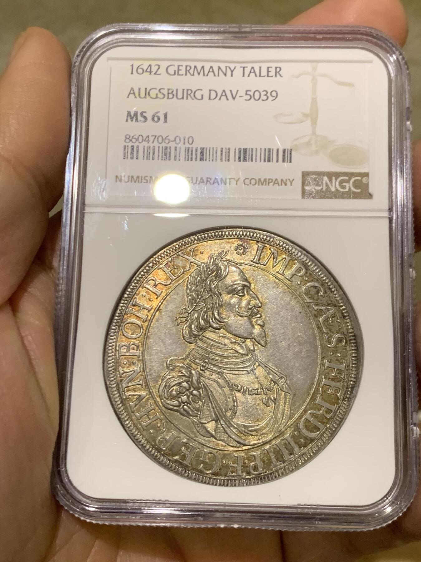 《竞宝斋》第457场 周日，周一，周二   3场连拍 （全场包邮）欢迎送拍 NGC MS61 德国1642年奥格斯堡城市景观泰勒银币 持续上涨的品种