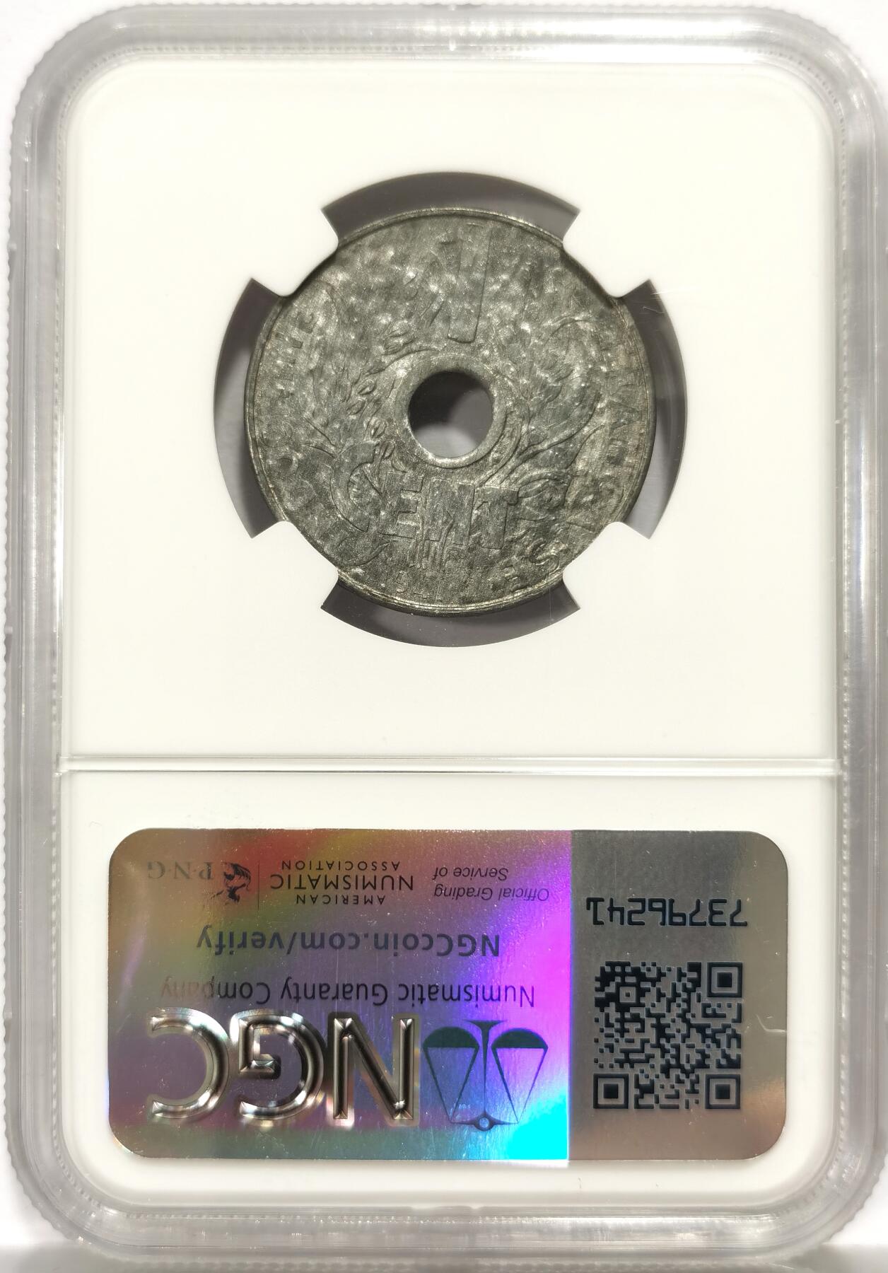 博洋堂世界钱币拍卖第157期（全场包邮） NGC MS62 法属印支1941年1分中孔锌币