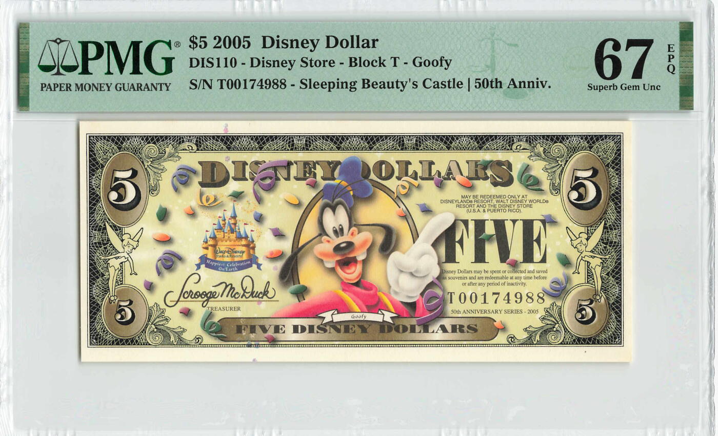 小福收藏拍卖第200期 【庆典场 中拍就有好礼相赠】评级币精选场 本期有捷克斯洛伐克20年100克朗慕夏作品大珍 69分倒置百位号布隆迪世界最大纸币  35年版加拿大经典 苏格兰格拉斯哥大学500年纪念钞倒置小号 卡塔尔80年100里亚尔冠军分 美国教育券 意大利拉斐尔 乌克兰 库克群岛 墨西哥 南斯拉夫 亚美尼亚等多国精美高分珍稀老钞精品纸币 美国 迪斯尼 2005年 5元 双尾88 PMG67 EPQ 亚军分（冠军分仅1枚）