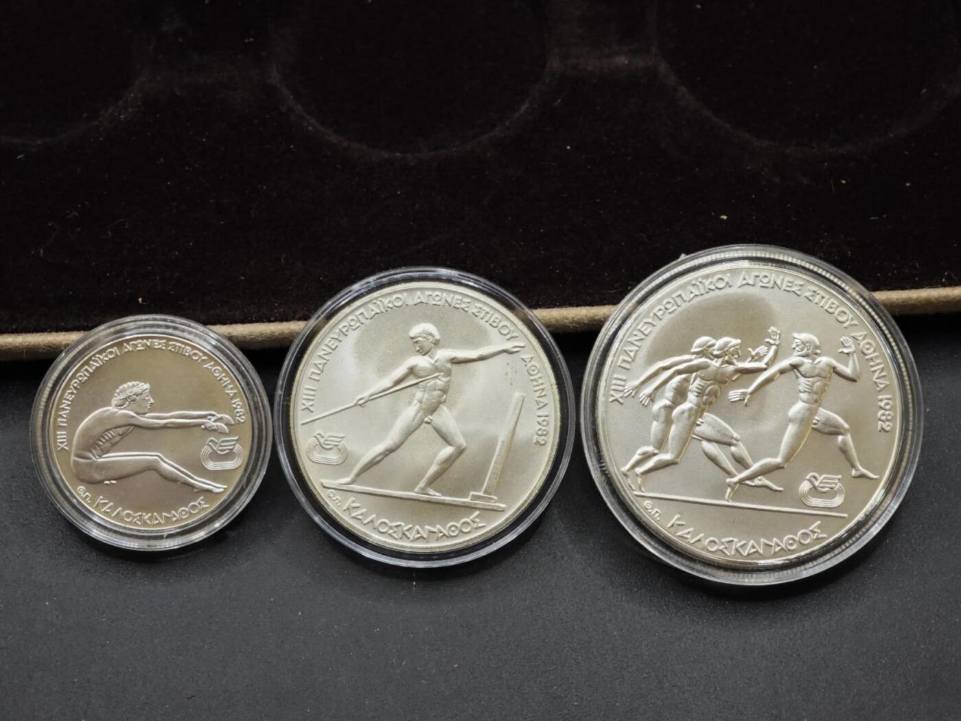 【淘币小摊】实时拍第八百四十七拍   银币套币场   满百包邮可预留二周 每周一统一发货   1981年希腊100/250/500德拉克马普制非流通银币套 82年泛欧运动会-跳远，标枪，接力 49.1克900银 银价840