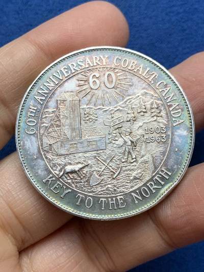 《竞宝斋》第457场 周日，周一，周二   3场连拍 （全场包邮）欢迎送拍 - 1963年加拿大Cobalt银矿开采60周年纪念银章 40.3mm 45.75g 999银 边有磕