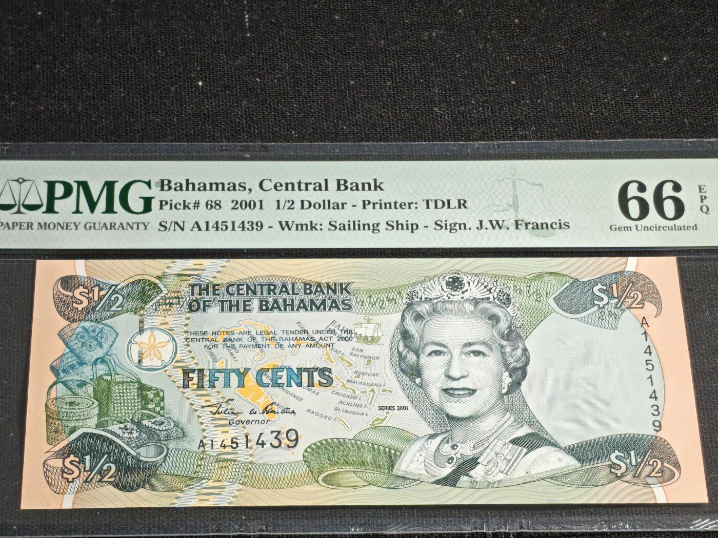 刘世昌艺术品销售中心～虎踞龙蟠*金杨在线联拍群第515期 巴哈马2001年1/2元（PMG 66E 号码：A1451439）1枚。
