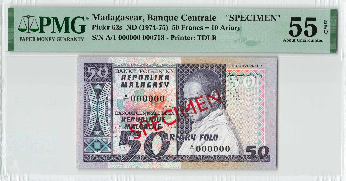 小福收藏拍卖第200期 【庆典场 中拍就有好礼相赠】评级币精选场 本期有捷克斯洛伐克20年100克朗慕夏作品大珍 69分倒置百位号布隆迪世界最大纸币  35年版加拿大经典 苏格兰格拉斯哥大学500年纪念钞倒置小号 卡塔尔80年100里亚尔冠军分 美国教育券 意大利拉斐尔 乌克兰 库克群岛 墨西哥 南斯拉夫 亚美尼亚等多国精美高分珍稀老钞精品纸币 马达加斯加 1974-75年 50法郎 样钞 718号 PMG55 EPQ 