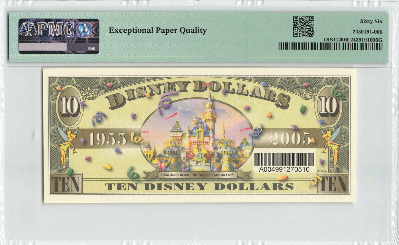 小福收藏拍卖第198期 评级币精选场  本期有菲律宾百位靓号100000比索超大纪念钞 苏里南25000盾花鸟版最高值 柬埔寨珍品56年50瑞尔 南越未发行版最高值打飞机  巴哈马彩背 老挝中国代印57年样钞 匈牙利 斯洛伐克 法罗群岛等多国精美高分珍稀老钞精品纸币 美国 迪斯尼 2005年 10元 A冠 PMG66 EPQ 季军分