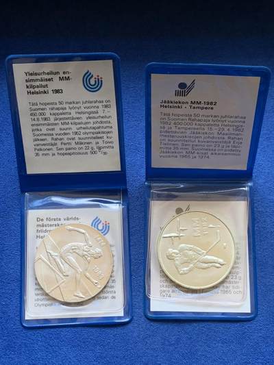 《竞宝斋》第457场 周日，周一，周二   3场连拍 （全场包邮）欢迎送拍 - 两枚一组 芬兰50马克银币 500银 1982年世界冰球锦标赛 23克 + 1983年世界田径锦标赛 21.9克