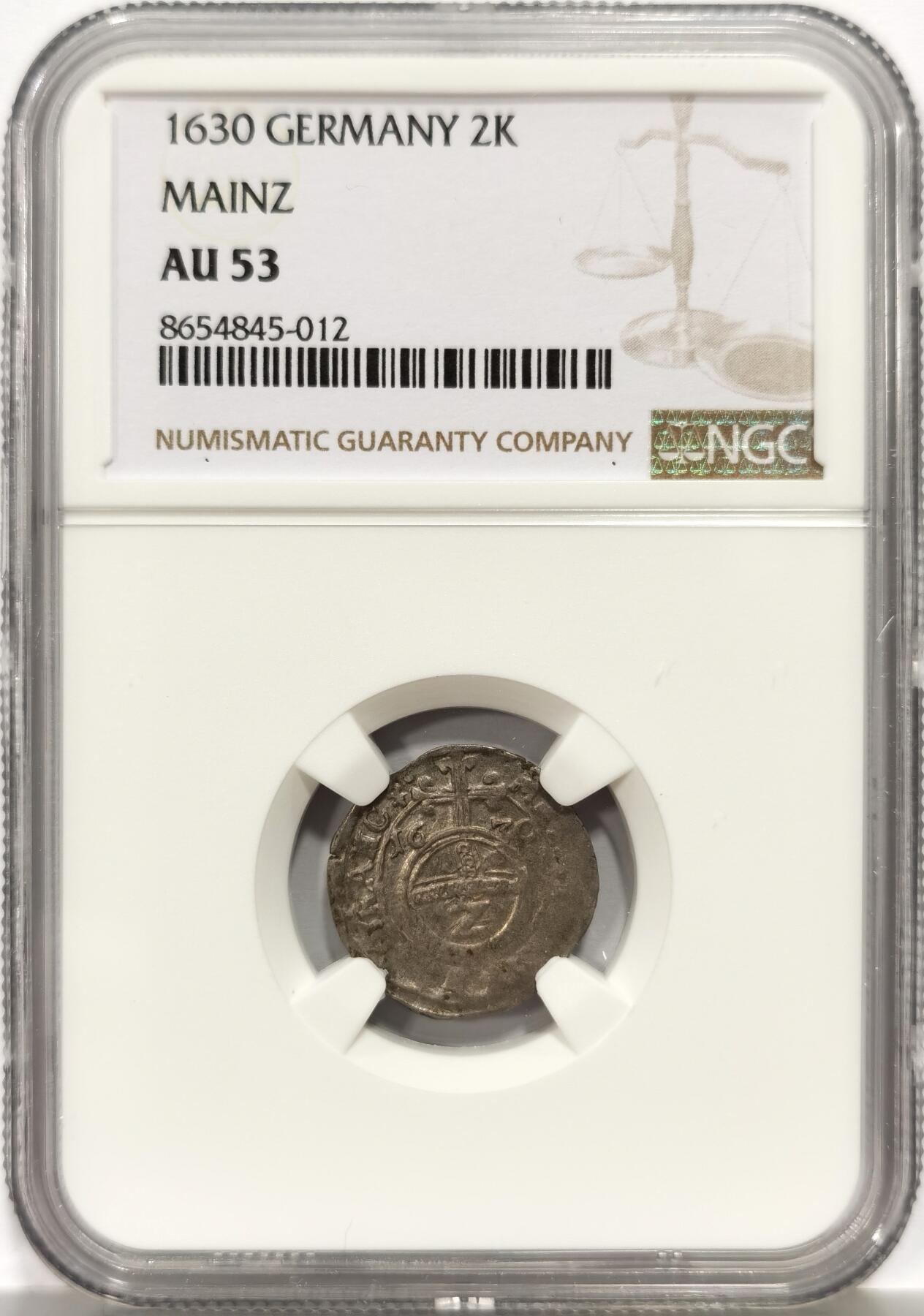 博洋堂世界钱币拍卖第157期（全场包邮） NGC AU53 德国美因茨1630年2克鲁泽银币