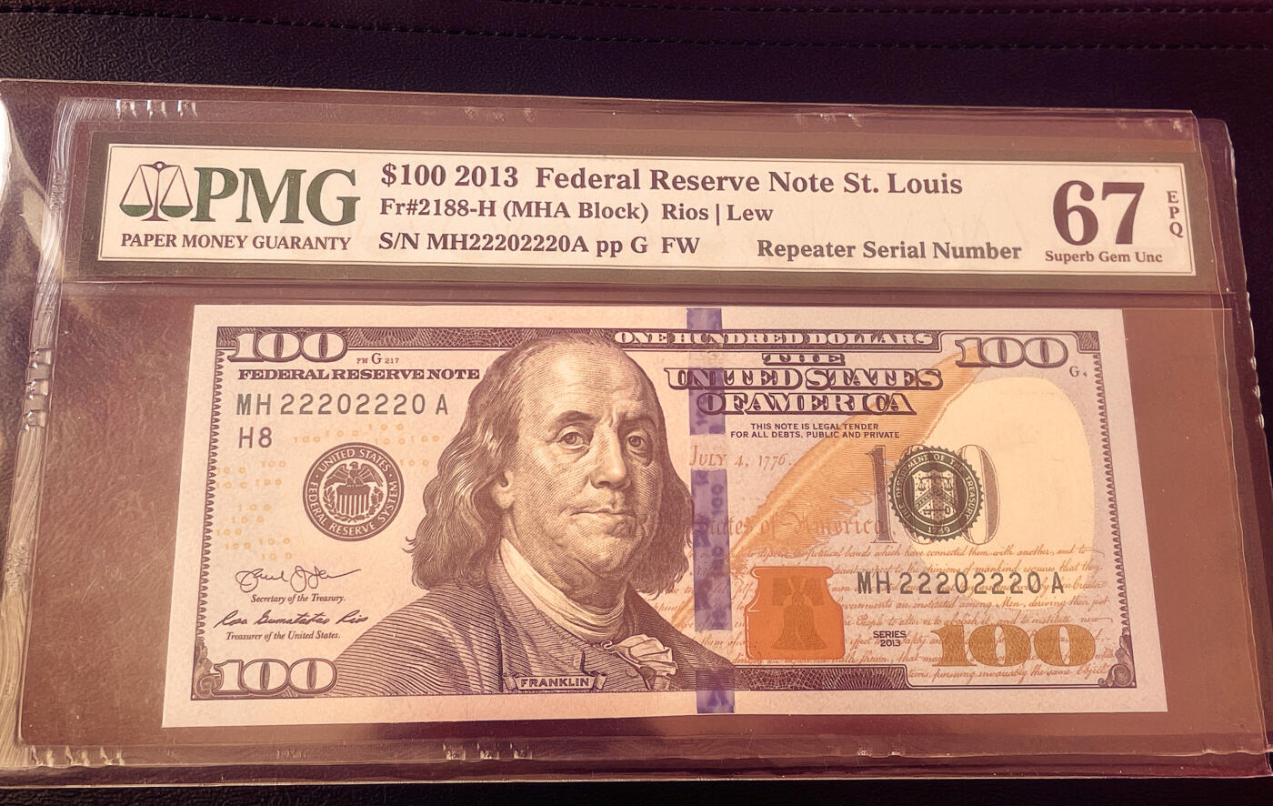 PMG67EPQ美国纸币 数二 重复号 美国2013年100美元 圣路易斯版