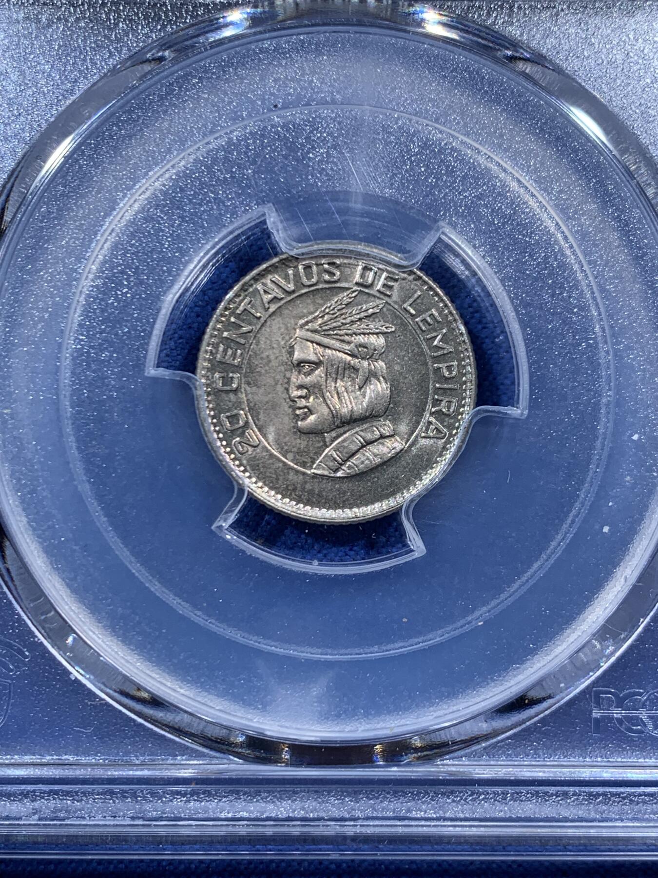 《竞宝斋》第457场 周日，周一，周二   3场连拍 （全场包邮）欢迎送拍 PCGS MS65 洪都拉斯 1973年 20分 黄油光好状态辅币 国内少见