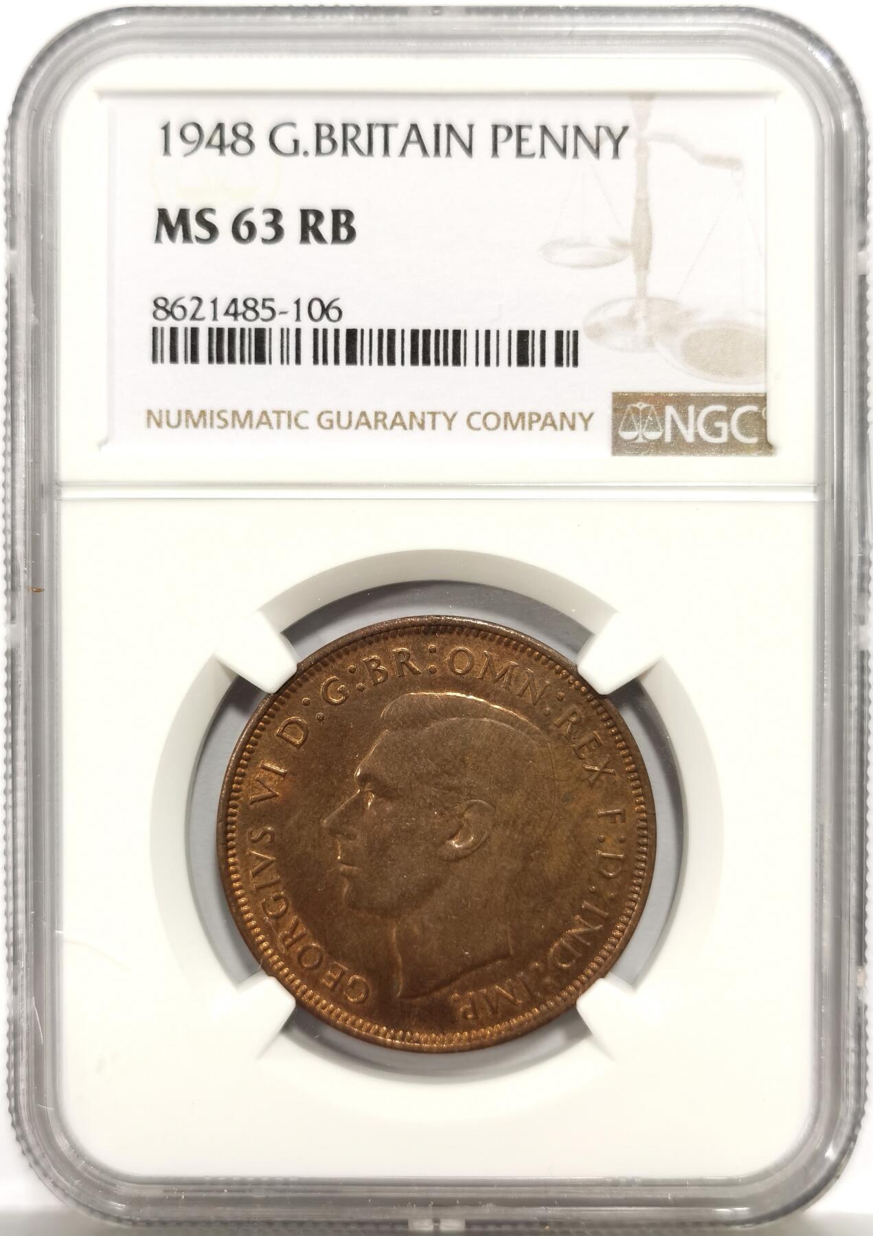 博洋堂世界钱币拍卖第157期（全场包邮） NGC MS63RB 英国1948年乔治六世1便士