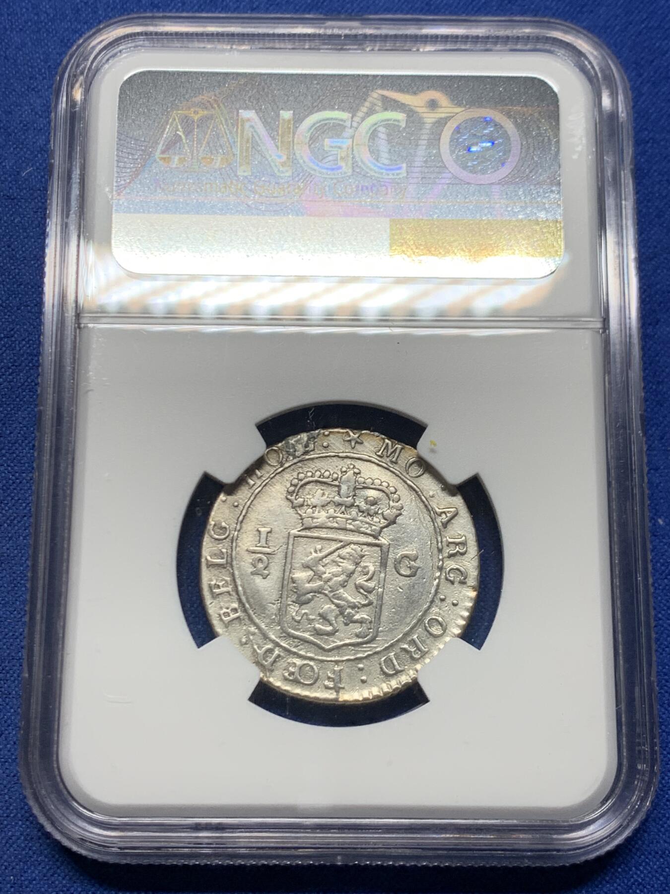 《竞宝斋》第457场 周日，周一，周二   3场连拍 （全场包邮）欢迎送拍 NGC XF 荷属东印度群岛1802年巴达维亚共和国（1800-1806）1/2古尔登 银币