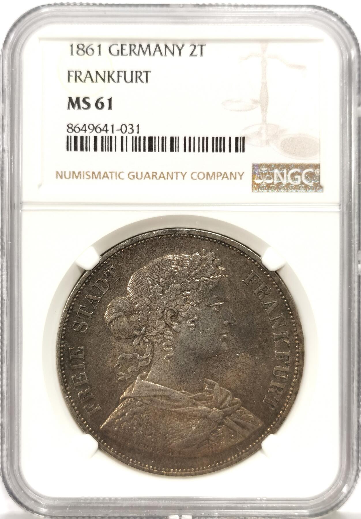 博洋堂世界钱币拍卖第157期（全场包邮） NGC MS61 德国法兰克福1861年少女2泰勒大银币