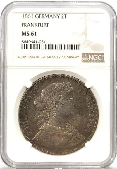 博洋堂世界钱币拍卖第157期（全场包邮） - NGC MS61 德国法兰克福1861年少女2泰勒大银币