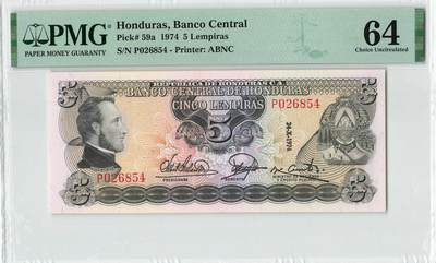 小福收藏拍卖第200期 【庆典场 中拍就有好礼相赠】评级币精选场 本期有捷克斯洛伐克20年100克朗慕夏作品大珍 69分倒置百位号布隆迪世界最大纸币  35年版加拿大经典 苏格兰格拉斯哥大学500年纪念钞倒置小号 卡塔尔80年100里亚尔冠军分 美国教育券 意大利拉斐尔 乌克兰 库克群岛 墨西哥 南斯拉夫 亚美尼亚等多国精美高分珍稀老钞精品纸币 - 洪都拉斯 1974年 5 伦皮拉 首年份 莫拉赞 进军特立尼达 PMG64