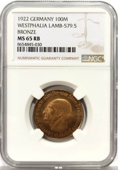博洋堂世界钱币拍卖第157期（全场包邮） - NGC MS65RB 德国德紧1922年威斯特法轮马币100马克铜币