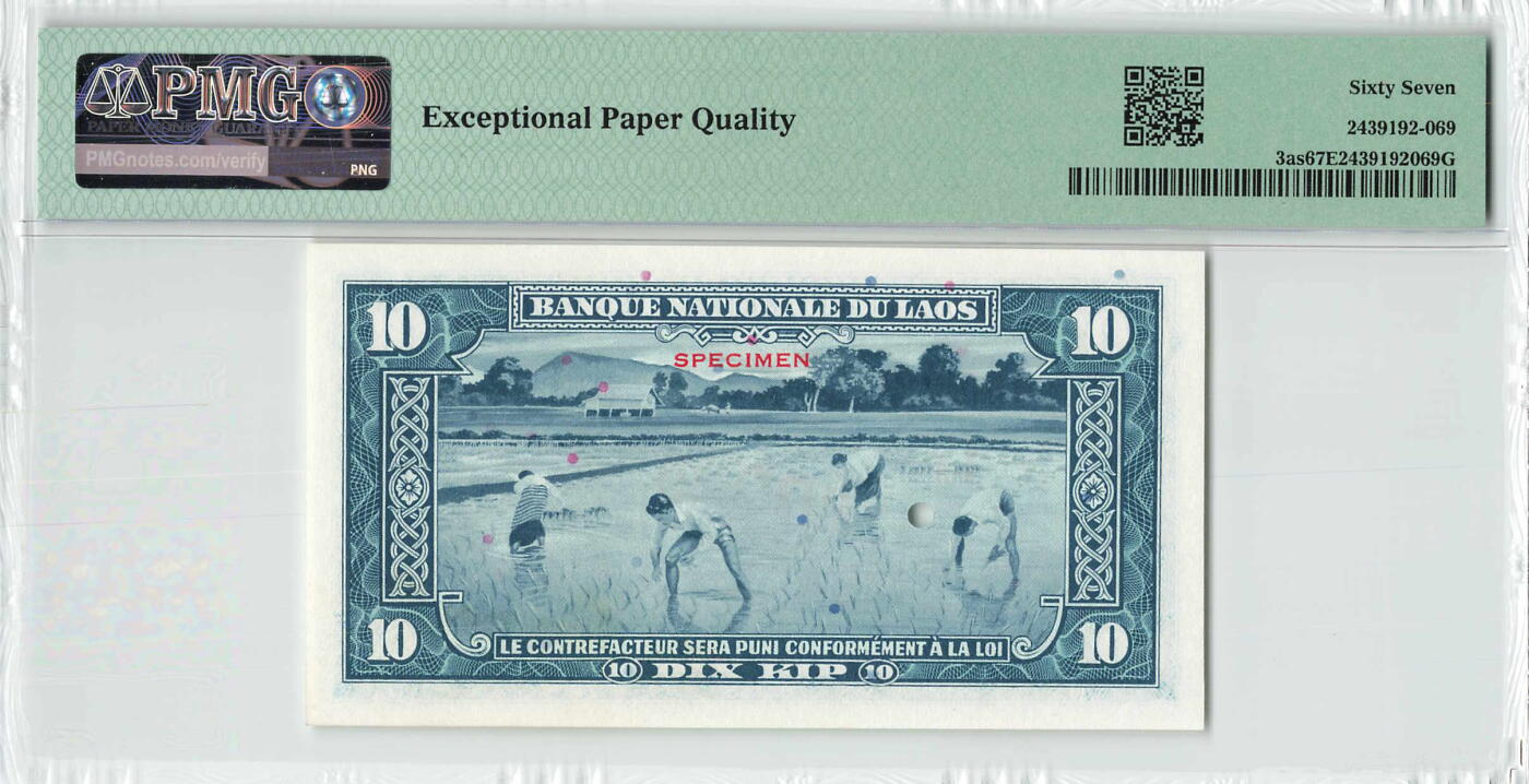 小福收藏拍卖第198期 评级币精选场  本期有菲律宾百位靓号100000比索超大纪念钞 苏里南25000盾花鸟版最高值 柬埔寨珍品56年50瑞尔 南越未发行版最高值打飞机  巴哈马彩背 老挝中国代印57年样钞 匈牙利 斯洛伐克 法罗群岛等多国精美高分珍稀老钞精品纸币 老挝 1957年 10基普 中国代印 少见样钞 PMG67 EPQ 唯2冠军分！！！