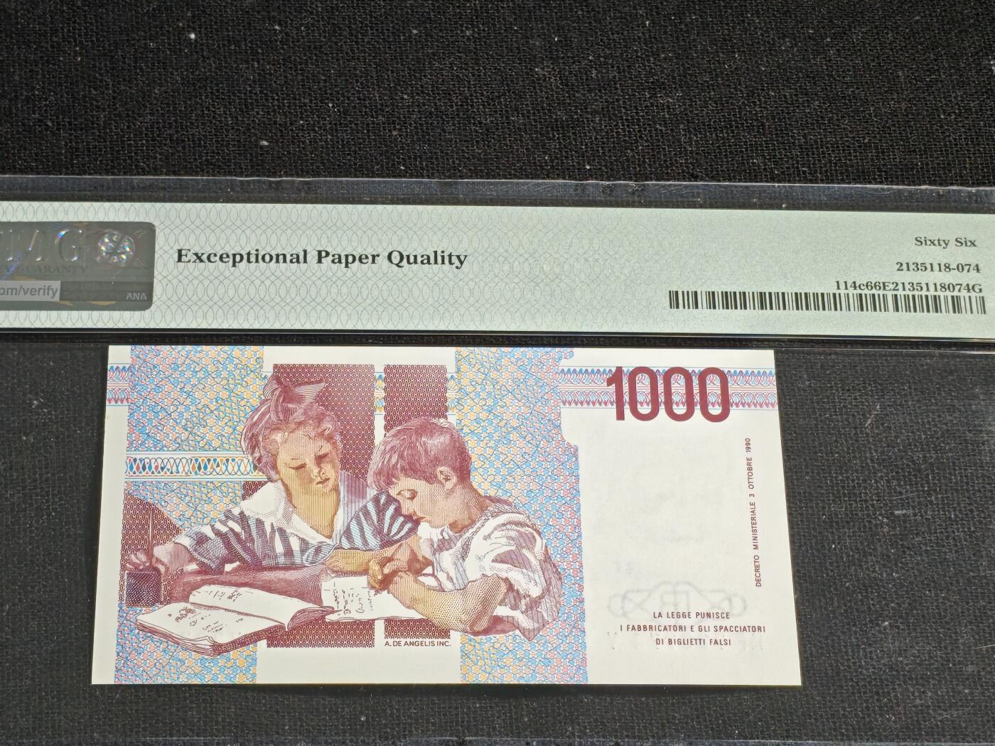 刘世昌艺术品销售中心～虎踞龙蟠*金杨在线联拍群第515期 意大利1990年1000里拉（PMG 66E 号码：KF738774Y）1枚。