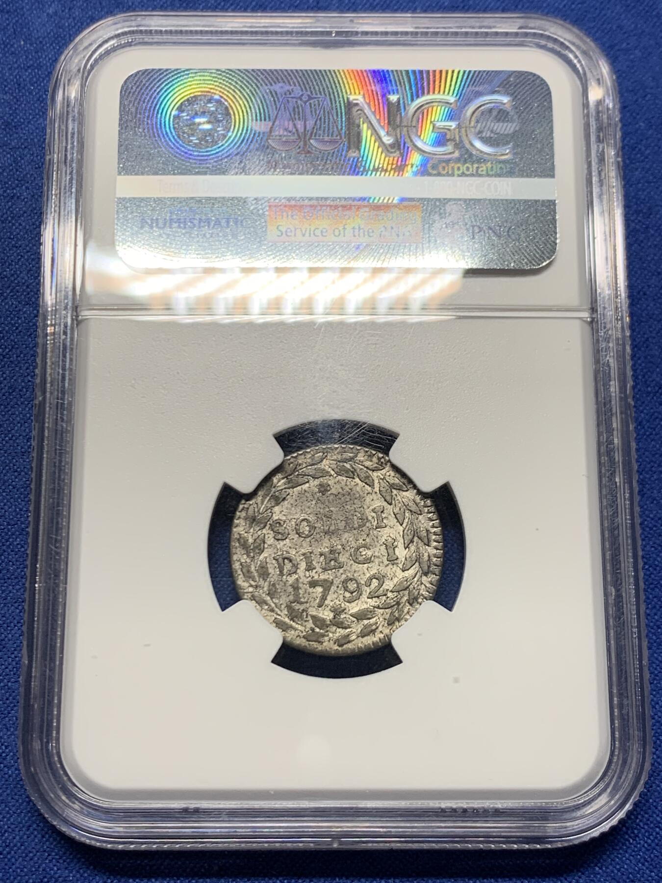 《竞宝斋》第457场 周日，周一，周二   3场连拍 （全场包邮）欢迎送拍 NGC AU53 意大利1792年10SOL银币 不多见的品种