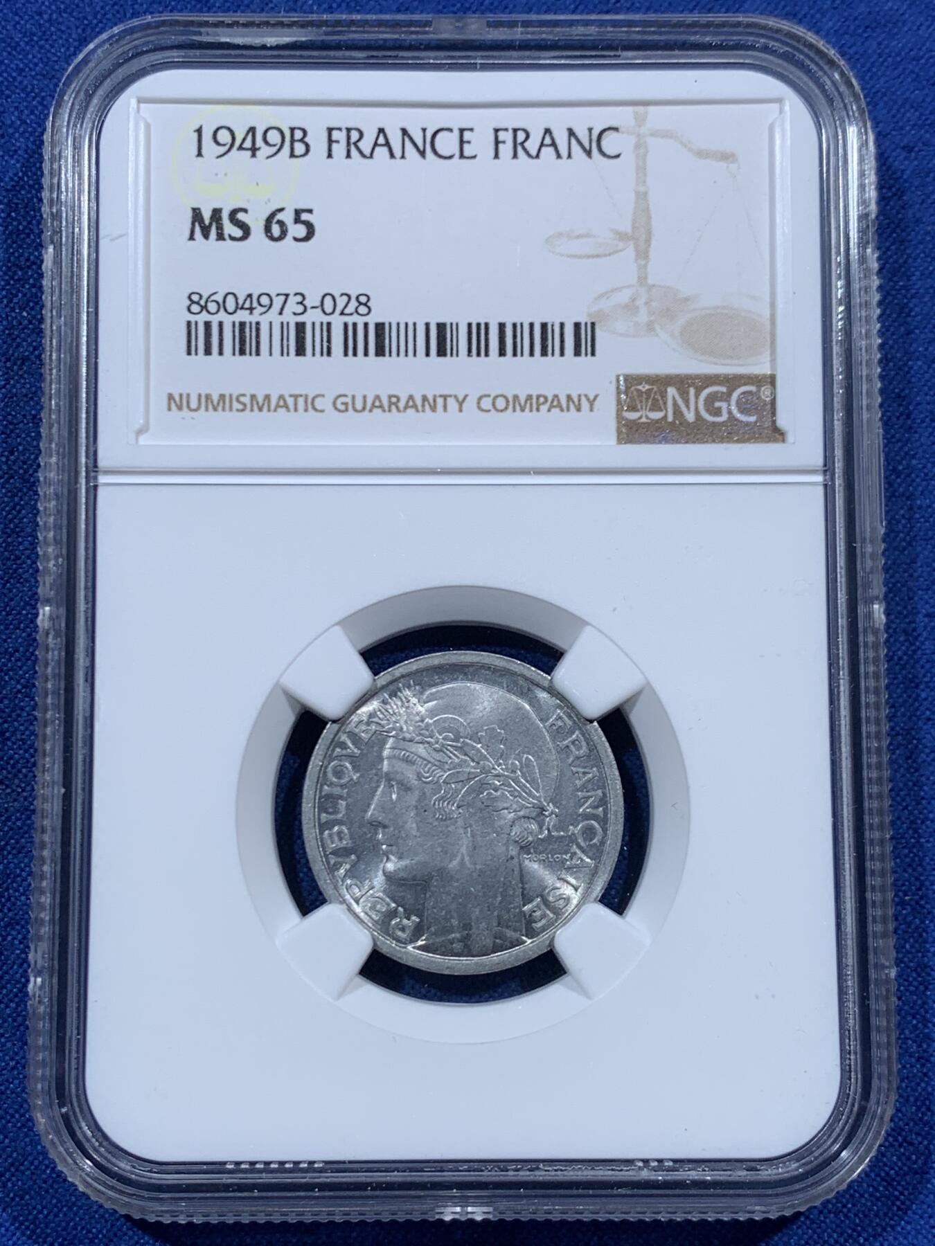 《竞宝斋》第457场 周日，周一，周二   3场连拍 （全场包邮）欢迎送拍 NGC MS65 法国1949年B版1法郎谷物女神铝币 铝币容易腐蚀出分难 冠军分！