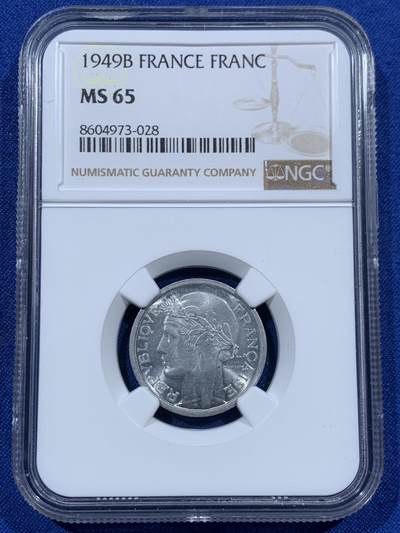 《竞宝斋》第457场 周日，周一，周二   3场连拍 （全场包邮）欢迎送拍 - NGC MS65 法国1949年B版1法郎谷物女神铝币 铝币容易腐蚀出分难 冠军分！