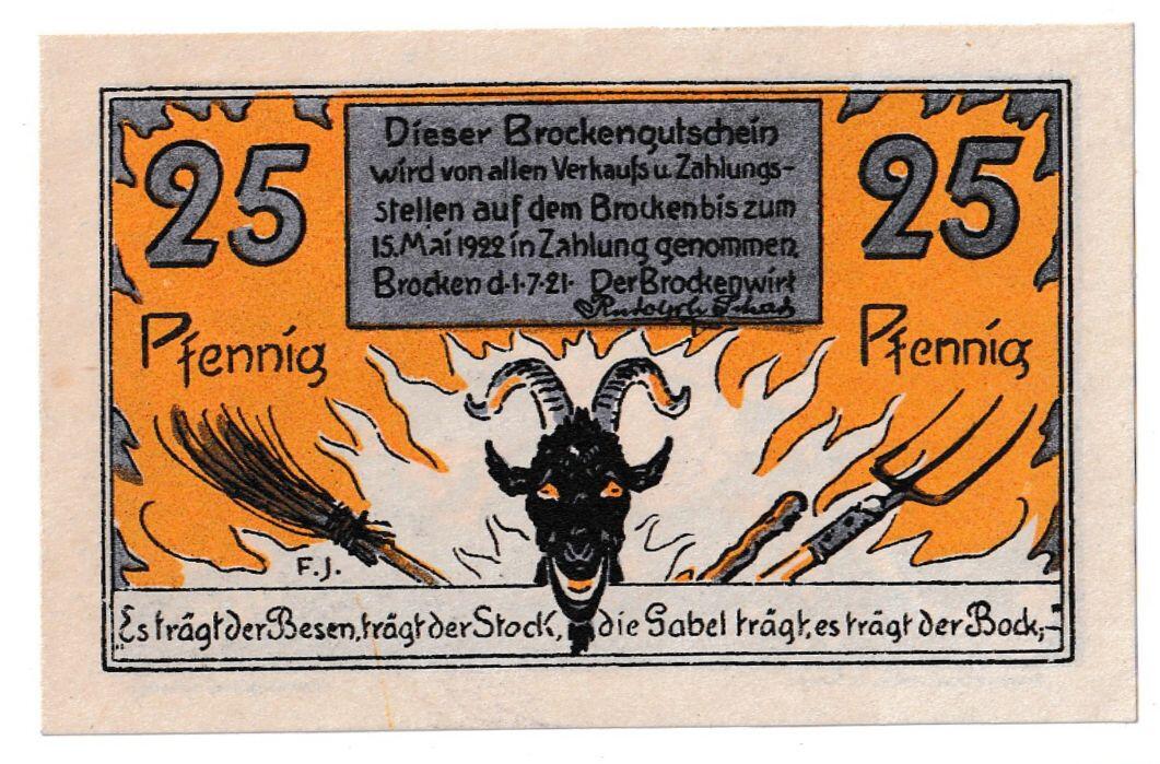 【良泉】【春节前最后一场】2月5日晚19.30点开拍！208组，本场结束后预存钱币的朋友请告知，将连同本场拍品一起邮寄，预祝诸位春节愉快！ 1921年【德国紧急纸币】希尔克市25芬妮“布罗肯”系列，以与布罗肯山和当地民间传说相关的图像为特色，例如魔鬼、扫帚和干草叉。