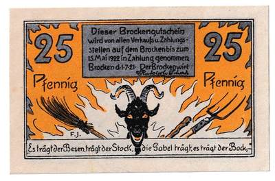 【良泉】【春节前最后一场】2月5日晚19.30点开拍！208组，本场结束后预存钱币的朋友请告知，将连同本场拍品一起邮寄，预祝诸位春节愉快！ - 1921年【德国紧急纸币】希尔克市25芬妮“布罗肯”系列，以与布罗肯山和当地民间传说相关的图像为特色，例如魔鬼、扫帚和干草叉。