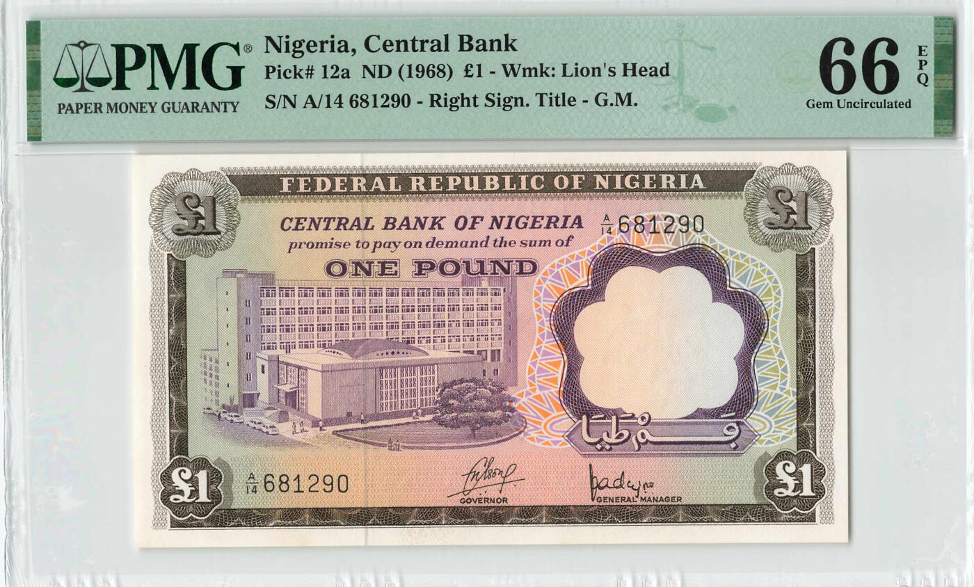 小福收藏拍卖第198期 评级币精选场  本期有菲律宾百位靓号100000比索超大纪念钞 苏里南25000盾花鸟版最高值 柬埔寨珍品56年50瑞尔 南越未发行版最高值打飞机  巴哈马彩背 老挝中国代印57年样钞 匈牙利 斯洛伐克 法罗群岛等多国精美高分珍稀老钞精品纸币 尼日利亚 1968年 1镑 无47 PMG66 EPQ 亚军分（冠军分仅1枚）