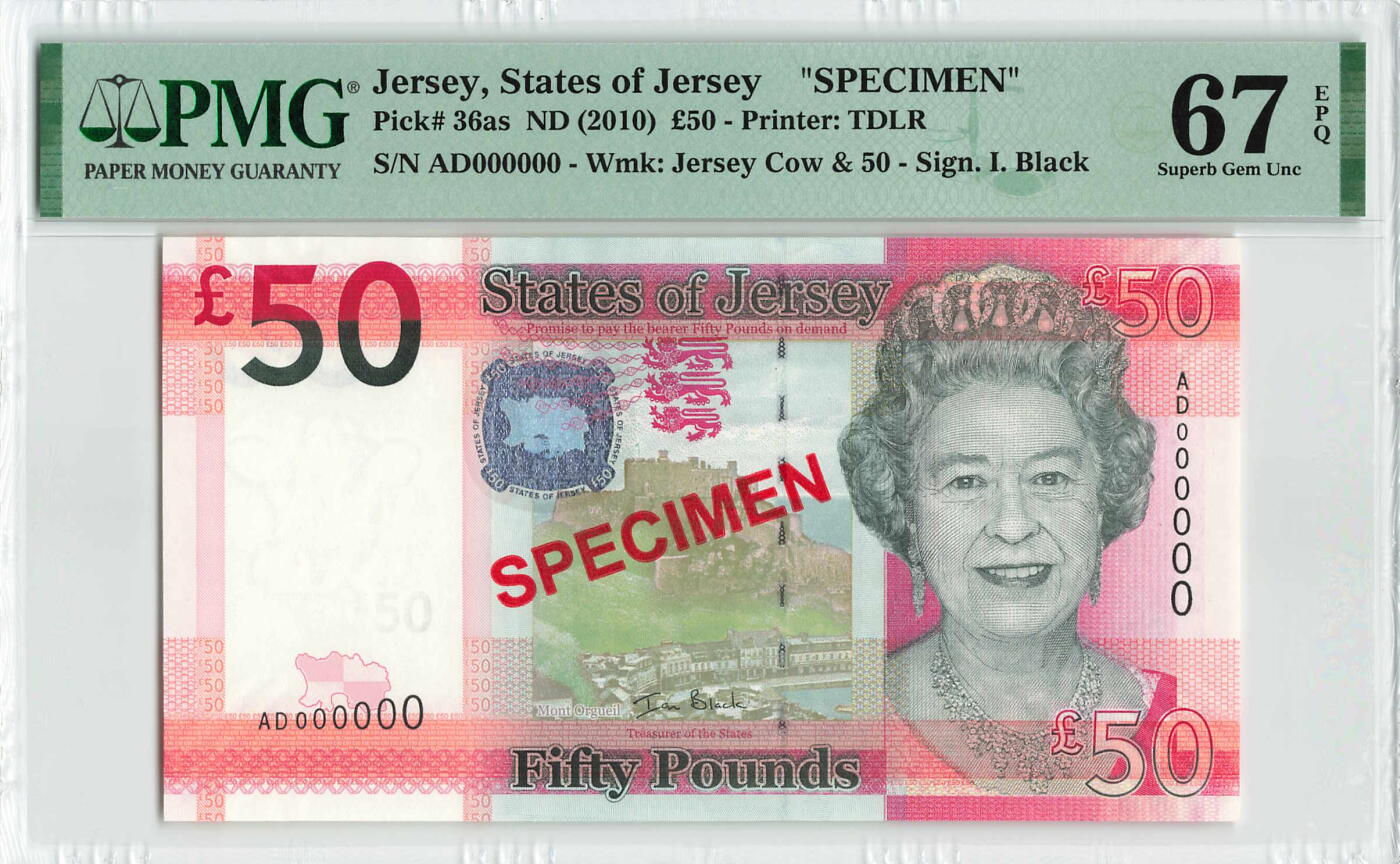 小福收藏拍卖第200期 【庆典场 中拍就有好礼相赠】评级币精选场 本期有捷克斯洛伐克20年100克朗慕夏作品大珍 69分倒置百位号布隆迪世界最大纸币  35年版加拿大经典 苏格兰格拉斯哥大学500年纪念钞倒置小号 卡塔尔80年100里亚尔冠军分 美国教育券 意大利拉斐尔 乌克兰 库克群岛 墨西哥 南斯拉夫 亚美尼亚等多国精美高分珍稀老钞精品纸币 泽西岛 2010年 50镑 样钞 PMG67 EPQ 亚军分（冠军分仅2枚）