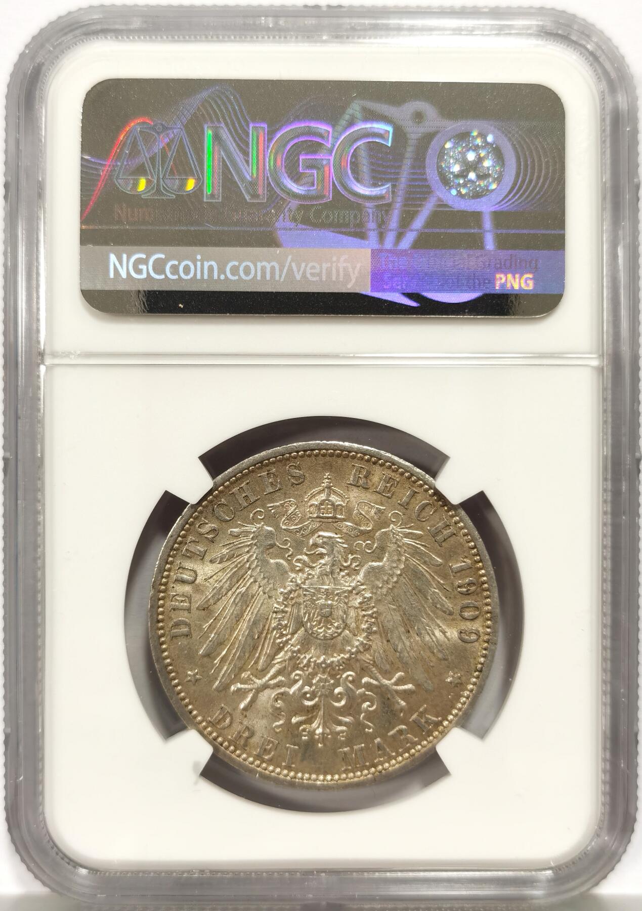 博洋堂世界钱币拍卖第157期（全场包邮） NGC MS61 德国普鲁士1909年威廉二世流通3马克银币