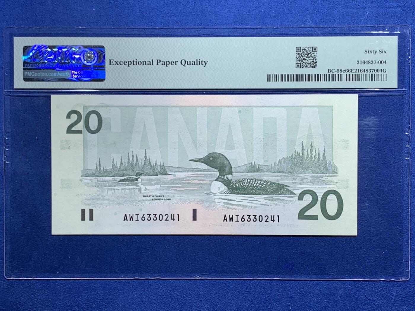 《竞宝斋》第457场 周日，周一，周二   3场连拍 （全场包邮）欢迎送拍 PMG 66EPQ 加拿大 1991年20元 鸟版