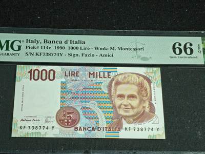 刘世昌艺术品销售中心～虎踞龙蟠*金杨在线联拍群第515期 - 意大利1990年1000里拉（PMG 66E 号码：KF738774Y）1枚。