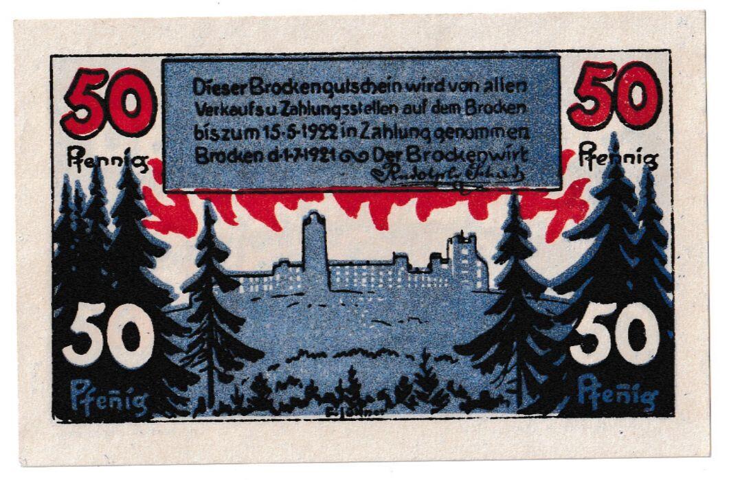 【良泉】【春节前最后一场】2月5日晚19.30点开拍！208组，本场结束后预存钱币的朋友请告知，将连同本场拍品一起邮寄，预祝诸位春节愉快！ 1921年【德国紧急纸币】希尔克市50芬妮“布罗肯”系列，以与布罗肯山和当地民间传说相关的图像为特色，例如魔鬼、扫帚和干草叉。