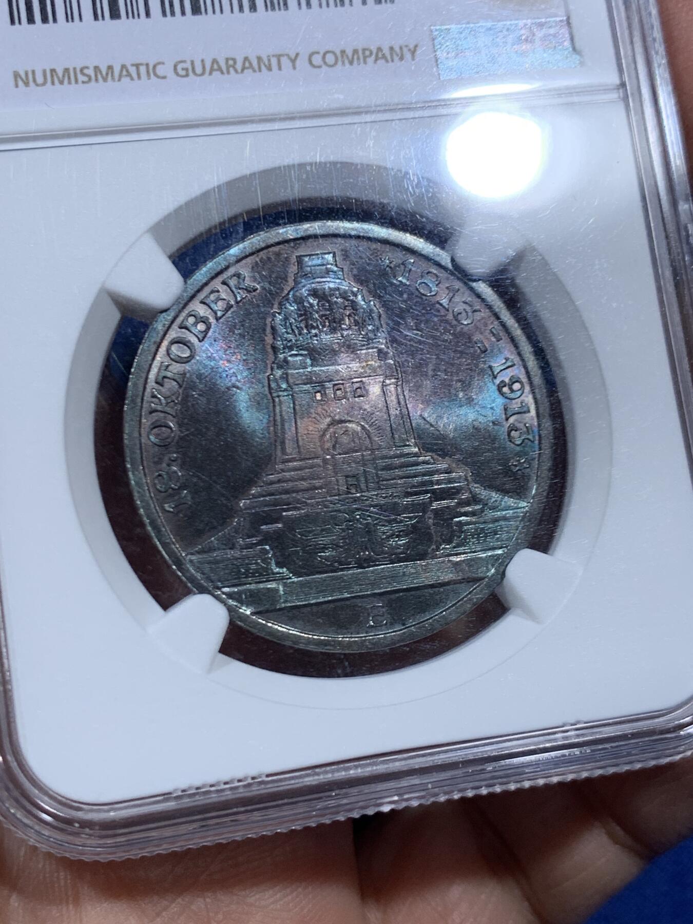 《竞宝斋》第457场 周日，周一，周二   3场连拍 （全场包邮）欢迎送拍 NGC MS63 德国1913年萨克森-莱比锡战役百年纪念3马克银币 幻彩