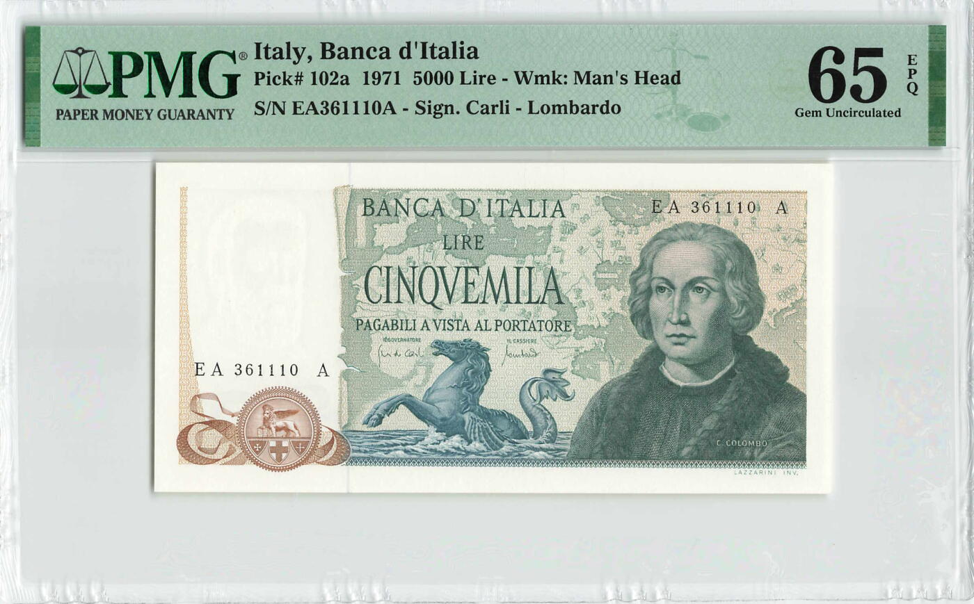 小福收藏拍卖第200期 【庆典场 中拍就有好礼相赠】评级币精选场 本期有捷克斯洛伐克20年100克朗慕夏作品大珍 69分倒置百位号布隆迪世界最大纸币  35年版加拿大经典 苏格兰格拉斯哥大学500年纪念钞倒置小号 卡塔尔80年100里亚尔冠军分 美国教育券 意大利拉斐尔 乌克兰 库克群岛 墨西哥 南斯拉夫 亚美尼亚等多国精美高分珍稀老钞精品纸币 意大利 1971年 5000里拉 首年份 哥伦布和他第一次远洋的船队 靓号3611110 PMG65 EPQ