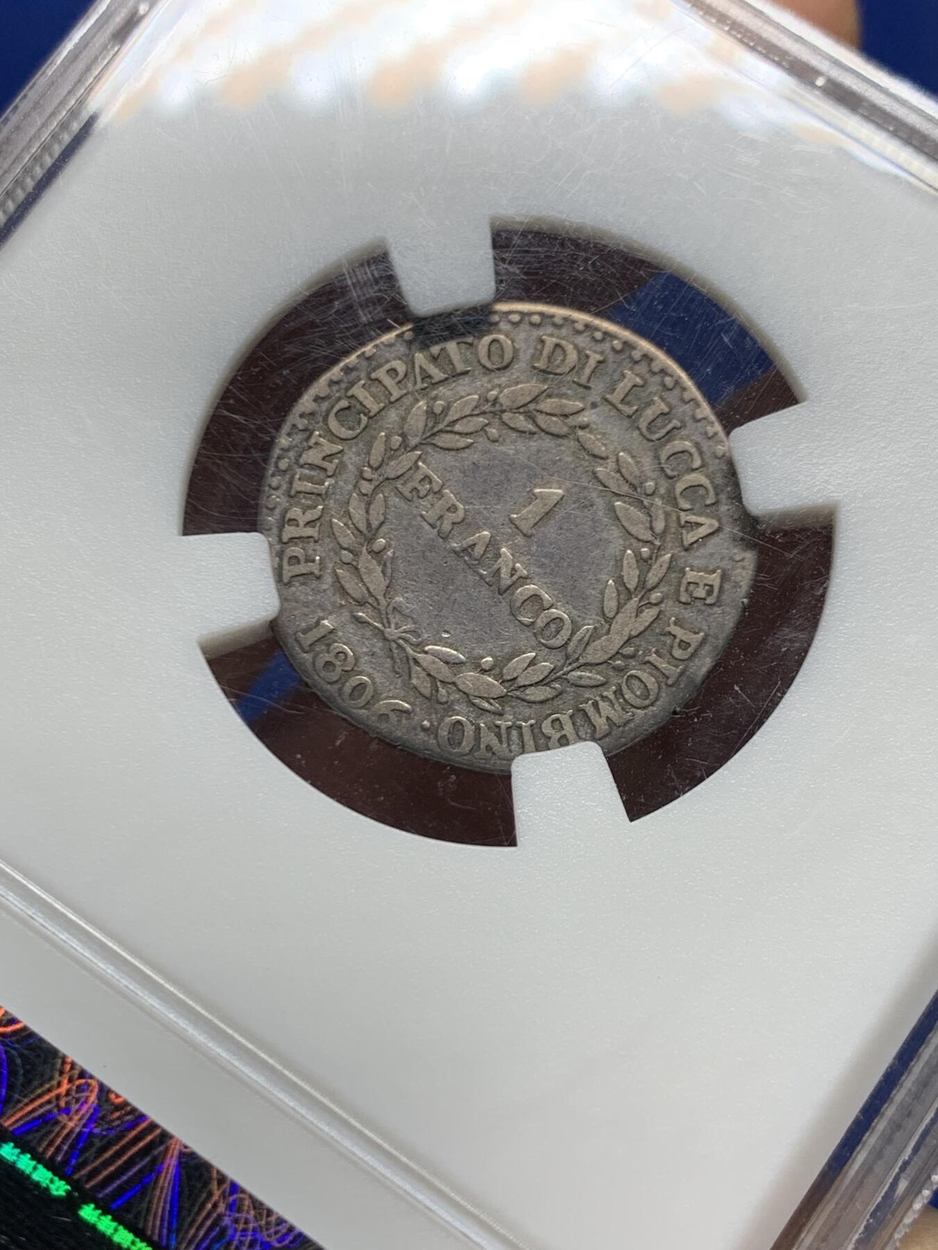 《竞宝斋》第457场 周日，周一，周二   3场连拍 （全场包邮）欢迎送拍 众诚详评 XF45 意大利 卢卡和皮翁比诺公国 1806年 1法郎 银币 少见小面值 拿系币经典品种