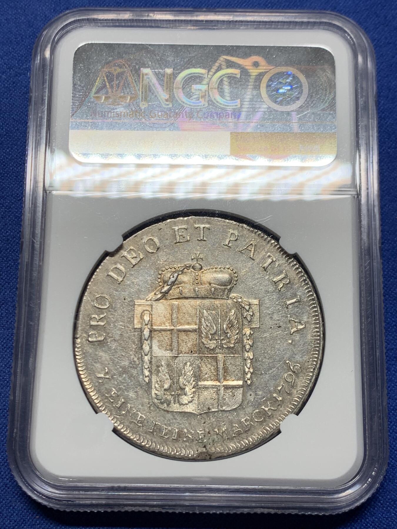 《竞宝斋》第457场 周日，周一，周二   3场连拍 （全场包邮）欢迎送拍 NGC MS61 神圣罗马帝国时期1796年富尔达1泰勒银币，位于黑森州富尔达天主数区自治领地，人像为大主教网达尔伯特冯·哈斯塔尔，底板状态和光度都不错，略有低评，也是神罗系列中值得收藏的品种之一