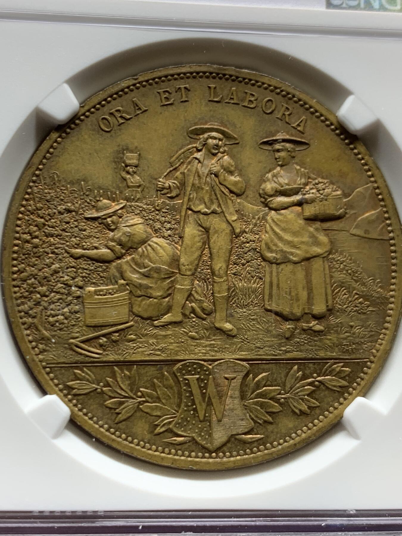 《竞宝斋》第457场 周日，周一，周二   3场连拍 （全场包邮）欢迎送拍 NGC MS63BN 瑞士1889年 沃韦葡萄酒节 铜章 精美设计 非常细腻