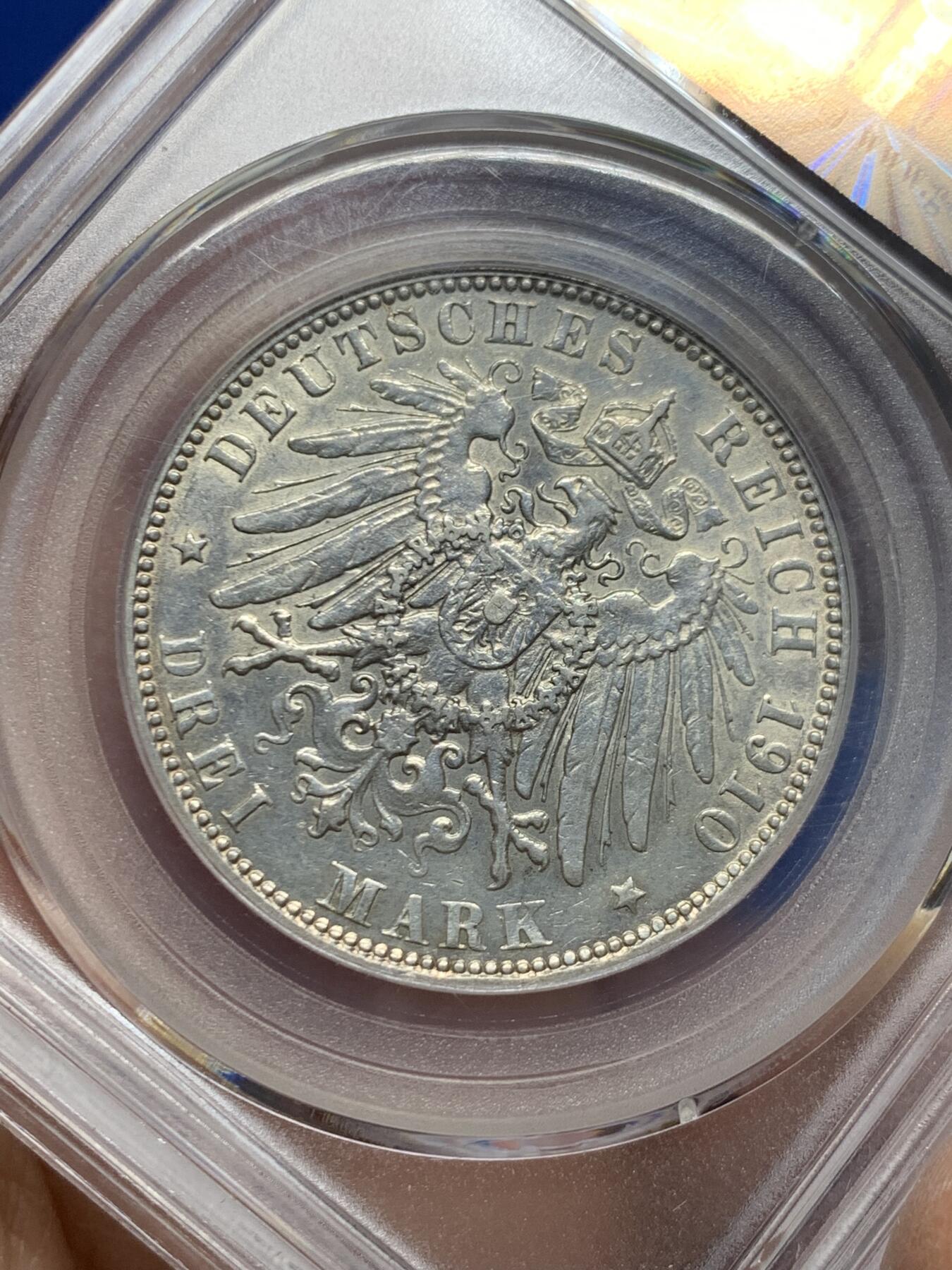 《竞宝斋》第457场 周日，周一，周二   3场连拍 （全场包邮）欢迎送拍 公博 AU58 德国 1910年 汉堡自由市 3马克 银币