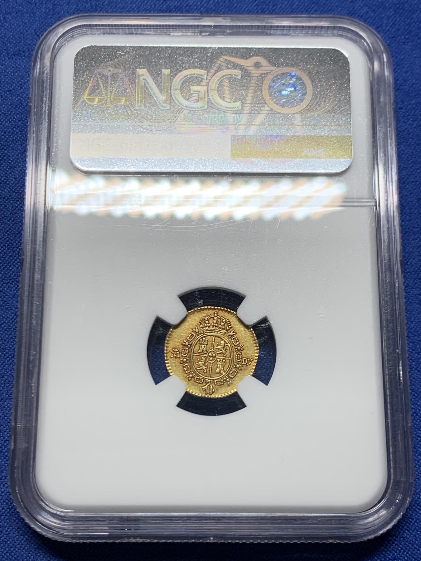 《竞宝斋》第457场 周日，周一，周二   3场连拍 （全场包邮）欢迎送拍 NGC AU55 西班牙1786年卡洛斯三世1/2埃斯库多金币 875金 1.69克 15mm 深打好品底板带光